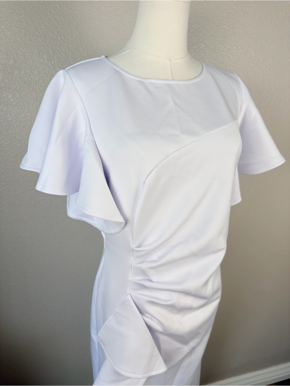 NWT Memoriesea Vintage Inspired Ruffle Sleeve Ruched Bodycon White Dress, XL - Picture 5 of 10